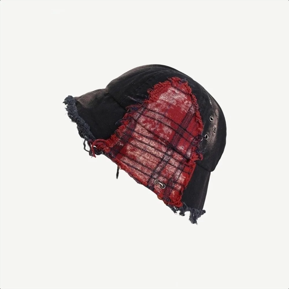 

Vintage Japanese Plaid Bucket Hat Beggar Style Patched Retro Fisherman Hat Bule Splicing Sun Protection Basin Cap Unisex