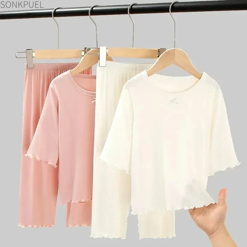 Mädchen-Sets Sommer Dünne Kinder Kurzarm-Set Eisseide 2-teiliges Homewear-Set 2-10 Jahre Mädchen Einfarbiger Kinder-Pyjama-Set – Detail 3
