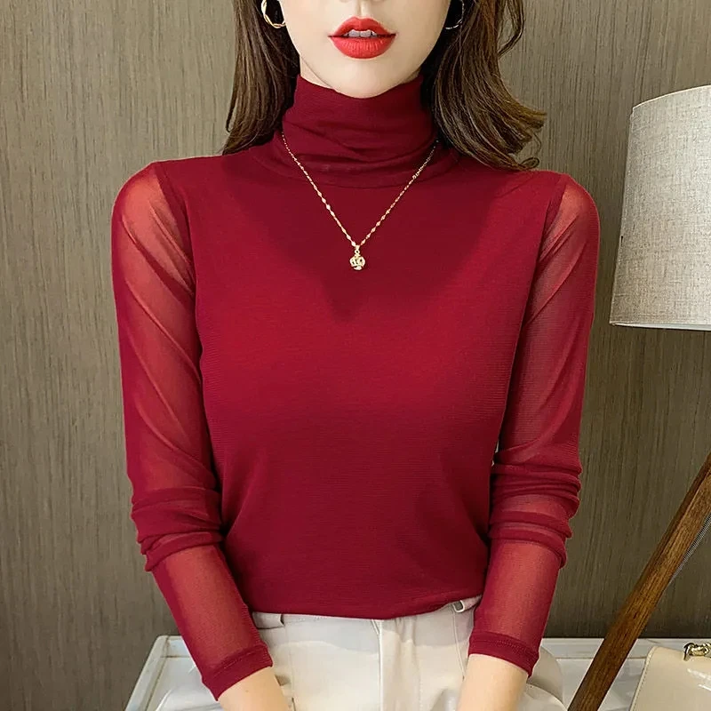 

Elegant Woman Turtleneck Solid T-Shirt Perspective Gauze Lace Bodycon Sexy Spring Autumn Long Sleeve All-match Fashion Tops 2022