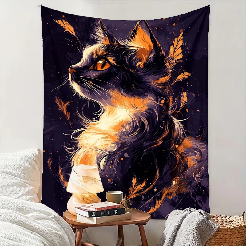 1PC Orange Cat Black Art Print Backdrop Banner, Bedroom Living Room Photo Background, Polyester, Home Decor, Wall Art