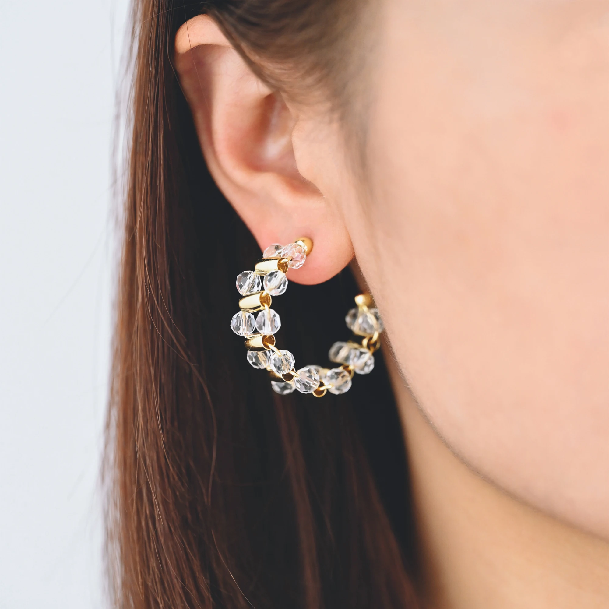 4pcs Gold/ Silver Tone C Shape Earrings, 18K Gold/ Rhodium Plated Brass, Crystal Beaded Hoop Stud Earrings (GB-4543)