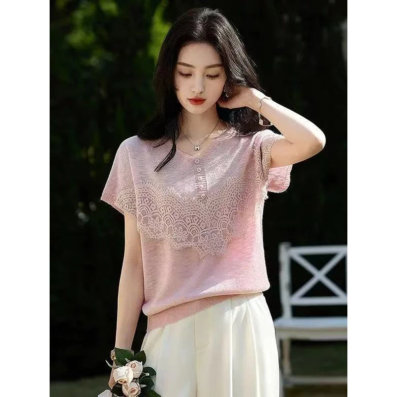여성 여름 레이스 수 놓은 솔리드 컬러 v 넥 반팔 니트 탑 숙녀 단순 캐주얼 올 매치 트렌드 티셔츠