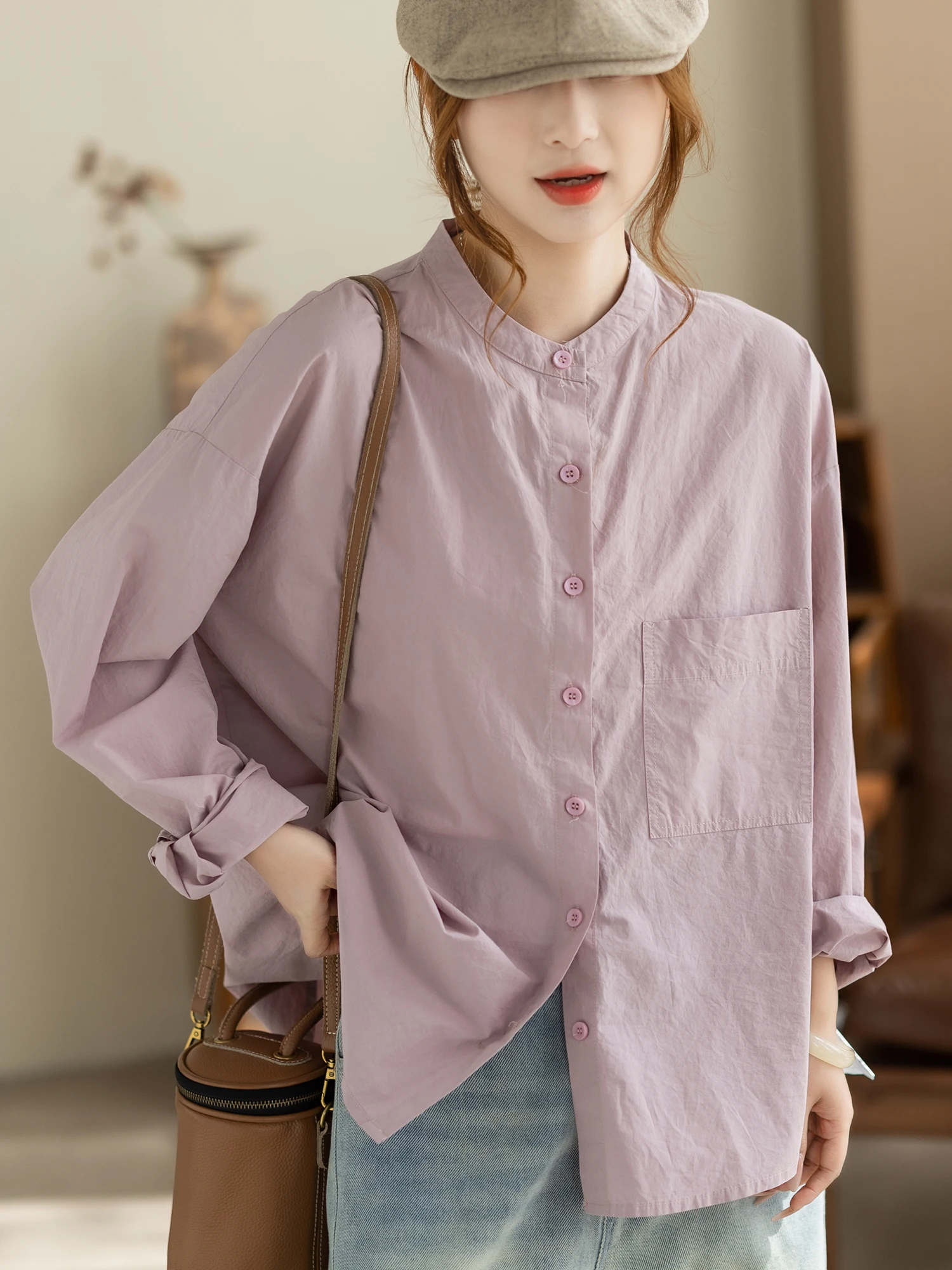 

Casual Long Sleeve Women's Shirt Spring Autumn New Loose Slimming Versatile Cotton Button up Stand Collar Casual Style