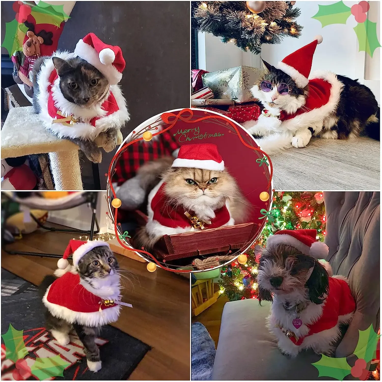 ATUBAN Pet Christmas Costume Cat Santa Outfit Small Dog Xmas Hat with Cloak Set Cat New Year Apparel Cosplay Supplies Head Wear