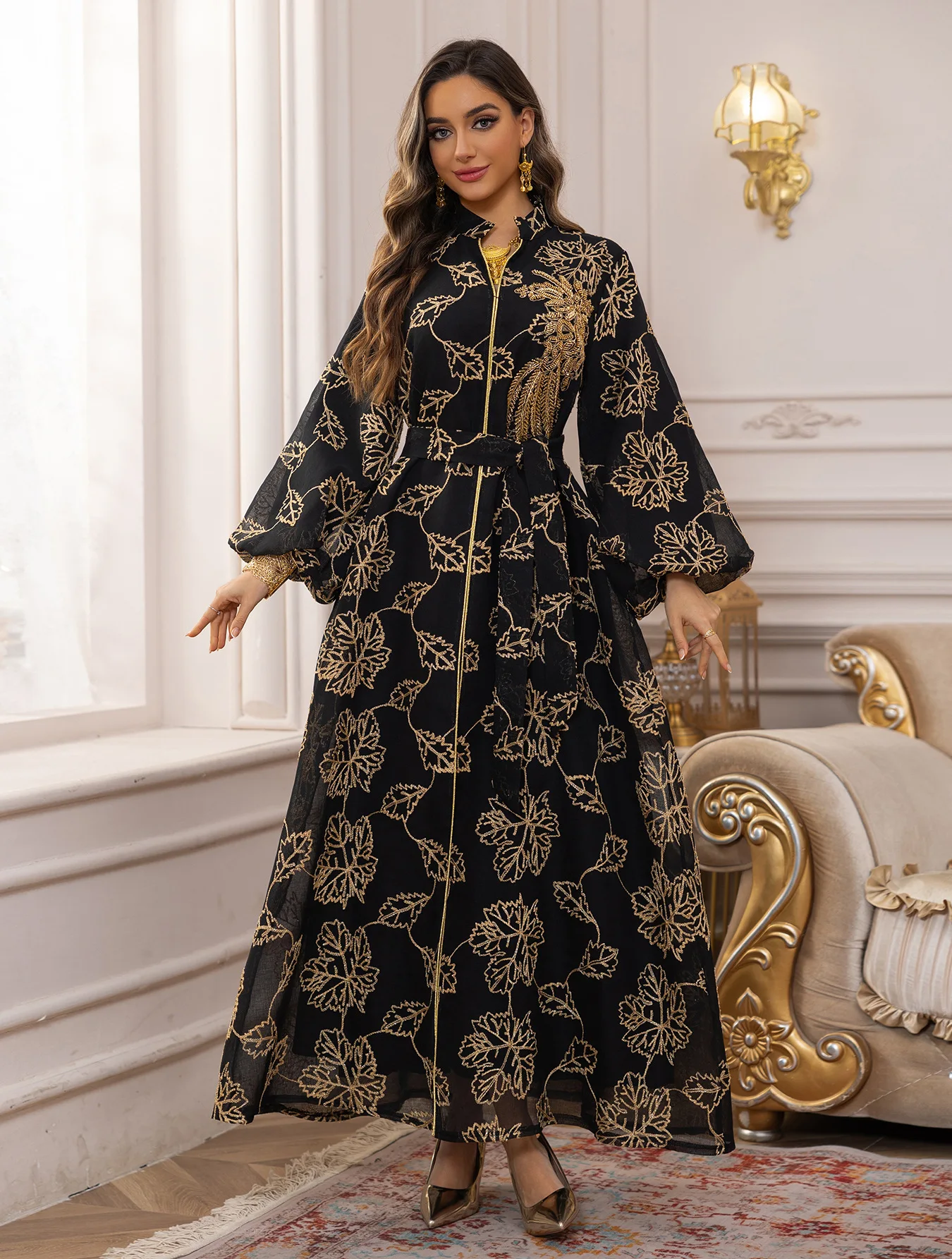 

Dubai Luxury Muslim Abaya Black Floral Embroidered Long Dress with Gold Accent and Belted Modest Islam Formal Wear Hot Sell