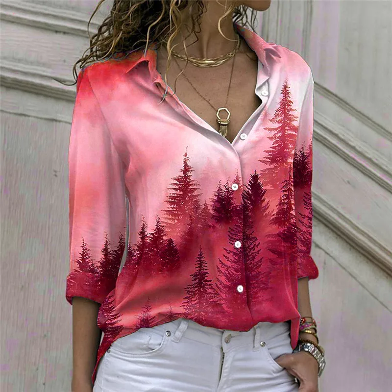 Forest And Tree Pattern Women Casual Shirts Spring Summer Long Sleeve 3D Printing Ladies Street Blouses 3XL Plus Size Shirt Tops