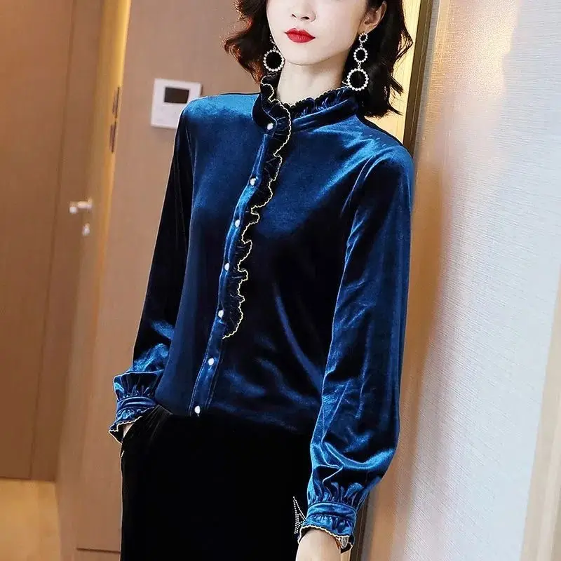 Plus Size Women Clothing Gold Velvet Shirt Tops Spring Autumn New Long Sleeve Contrast Patchwork Vintage Blouse Fashion Elegant