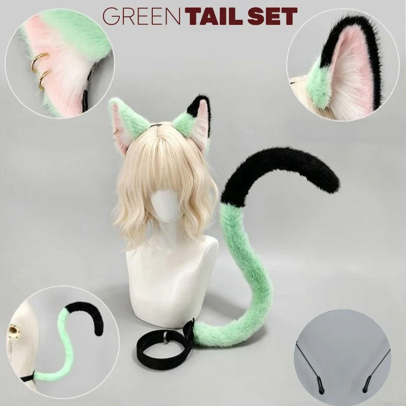 3 Types Handmade Halloween Plush Cat Ear Headband Anime Convention Cat Girl COS Prop Lolita KC Green Cat Ears Headpiece Tail Set