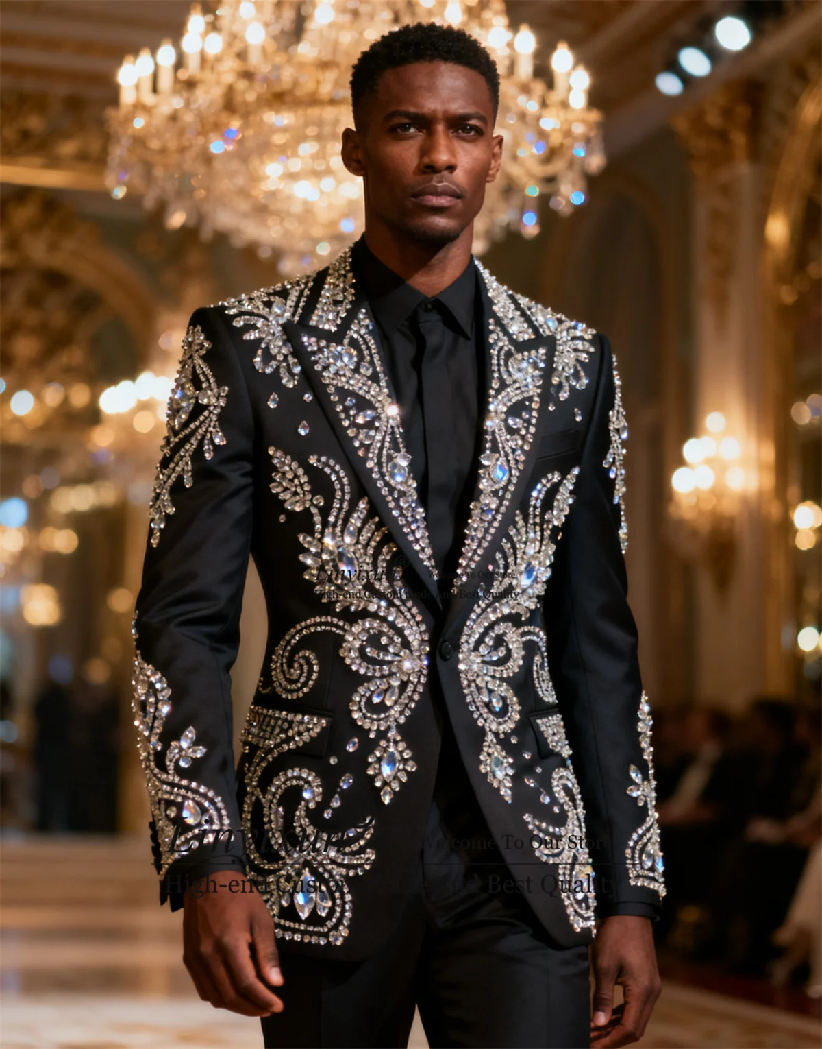 

High End Rhinestone Diamond Men Suits Customized Handsome Slim Fit Wedding Tuxedos 2 Pieces Sets Groom Male Blazers Ropa homre