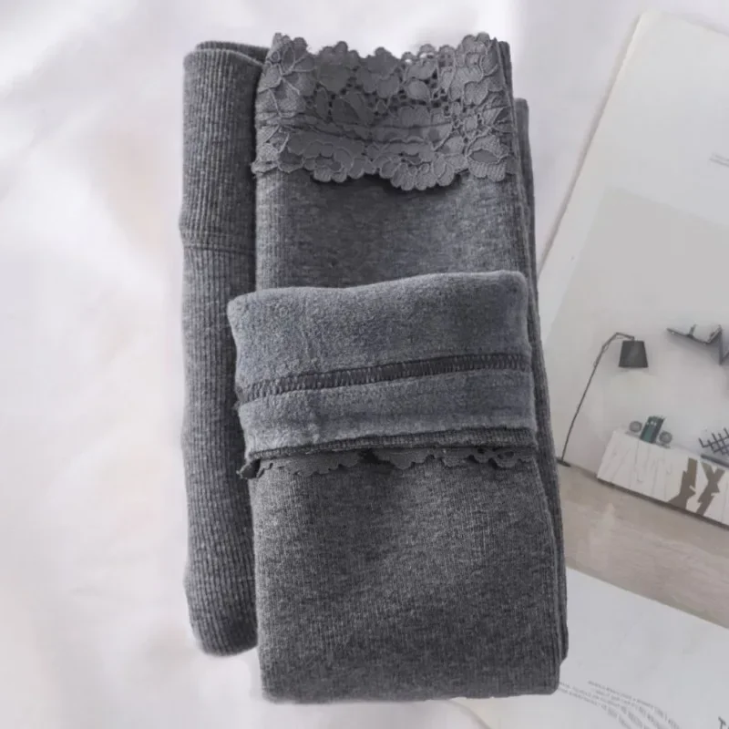 Slim Vertical Stripe Thread Cropped Pants Lace Trim Fleece-lined Leggings Women Solid Color Elasticity Winter Leggings Women