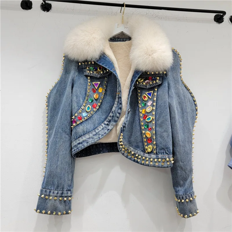 Faux Fur Winter Denim Jacket Women 2024 New Thickened Cotton-padded Clothes Korean Version Colored Crystal Short Parka Jacket