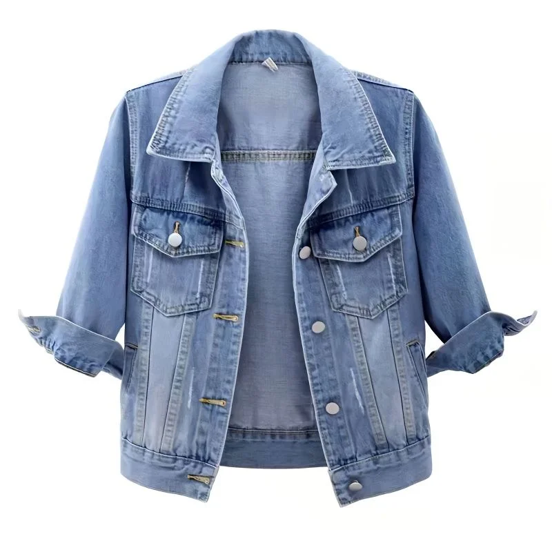 Spring Summer Half Sleeve Women Collared Distressed Coat Ladies Washed Cropped Denim Jacket Girl Ripped Jean Cardigan Shawl