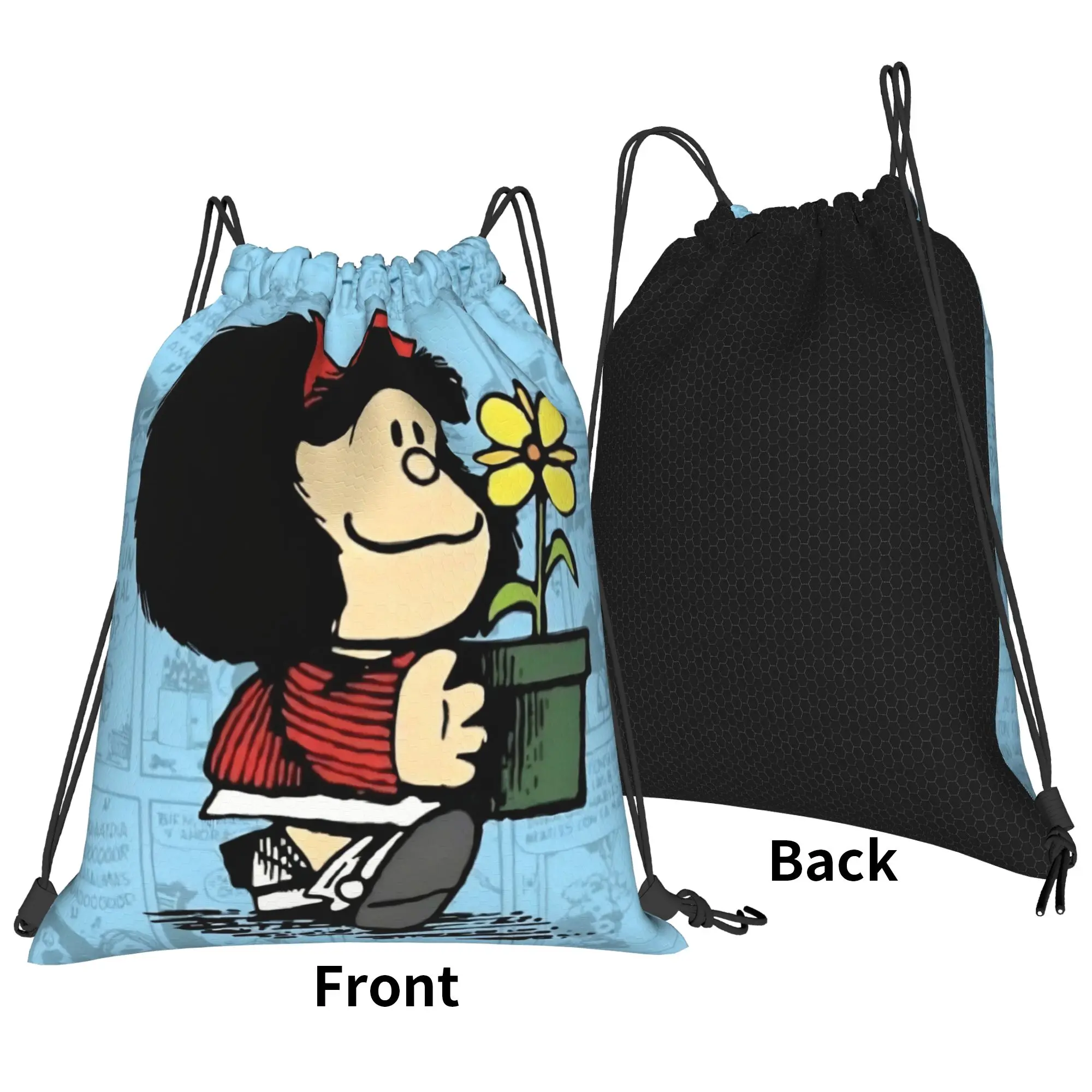Mafaldas Cartoon Flowers Drawstring Backpack Gym Sports Sackpack Water Resistant  String Bag for Travel 36cm (W) x 43cm (H)
