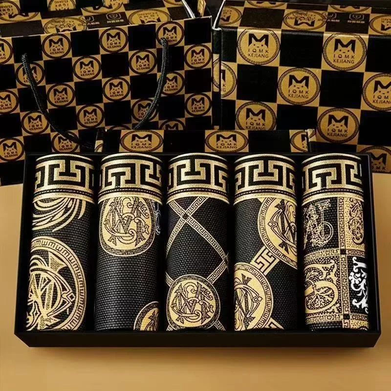 5 pieces of summer high-end black gold ice silk mid-waisted thin breathable and comfortable boxers for men's boxers
