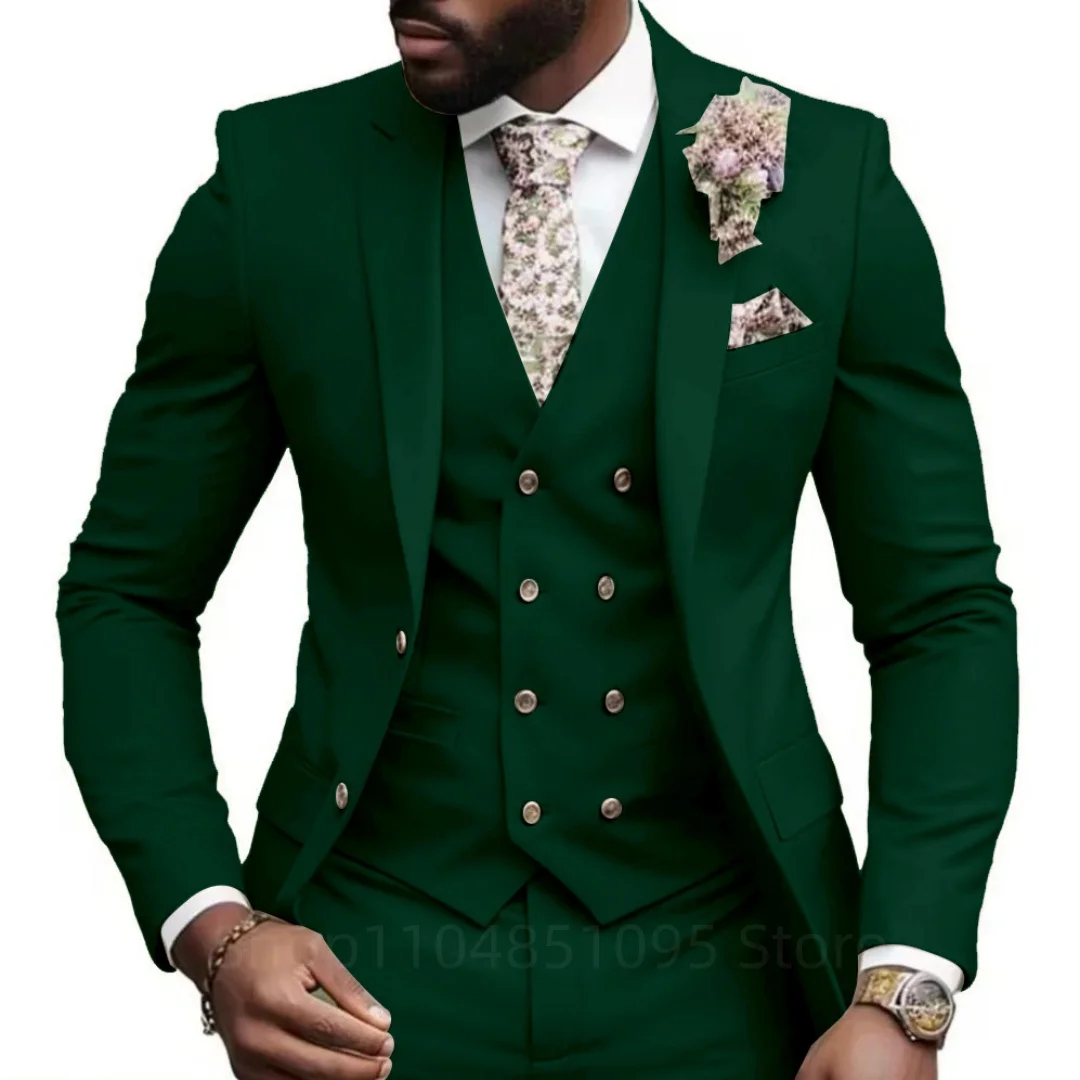 

High Quality Solid Business Men Suits Slim Fit Male Clothing Elegant Wedding 3 Piece Two Buttons Jacket Vest Pants Party Sets