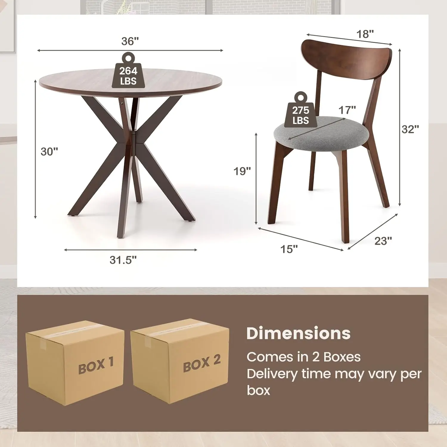 Dining Table Set for 2, Small Kitchen Table Chairs Set of 2, Mid-Century Wooden Round Dining Table and Two Dining Chairs for Din