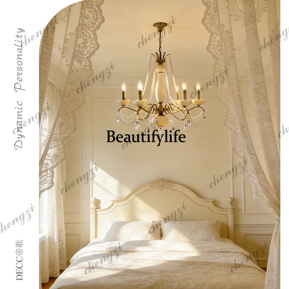 French retro all-copper ceramic bedroom dining room living room pastoral chandelier American warm lamp
