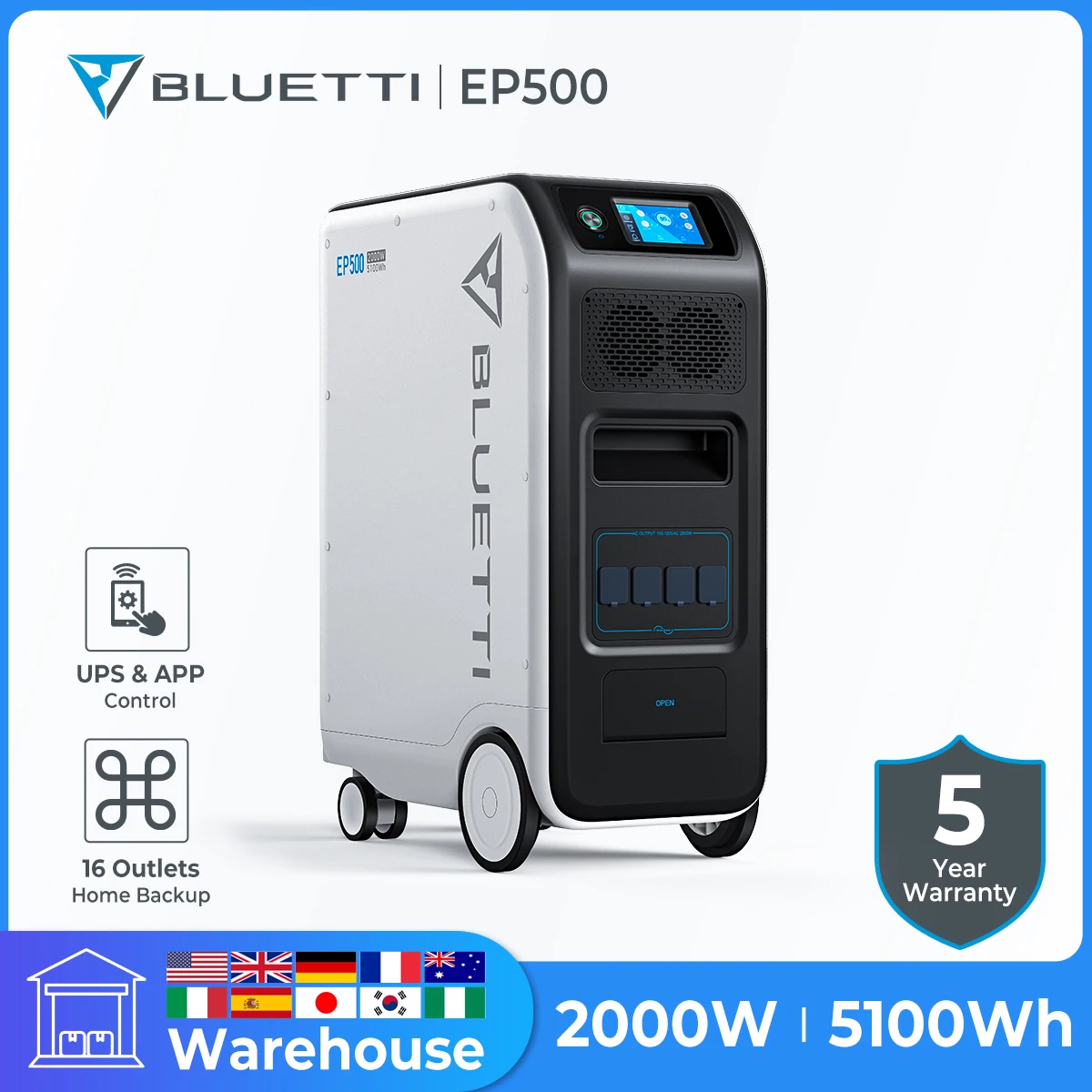 BLUETTI EP500 Solar Power Station 2000W 5100Wh UPS Battery Backup AC Outlets LiFePO4 Solar Generator For Emergency Home Use