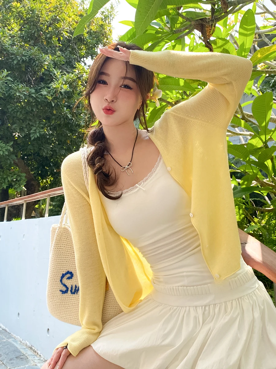 

Women's Summer Thin Ice Silk Open Cardigan Outerwear with Strap Vest Top High-End Yellow Cover up Sun Protection Coat