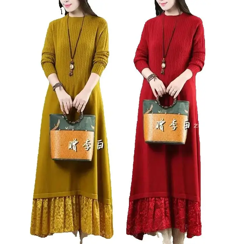 

2025 Autumn Winter Animal Year Female Loose Long Knee-Length Dress Bottoming Sweater Mother Assembly Coat Women Sweater Pullover