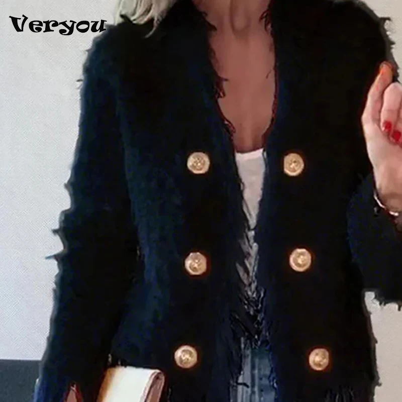 

Tassel Patchwork Long Sleeve Double Button Jacket Women Autumn Winter New Lady Temperament Slim Outwear Female Casual Cardigan