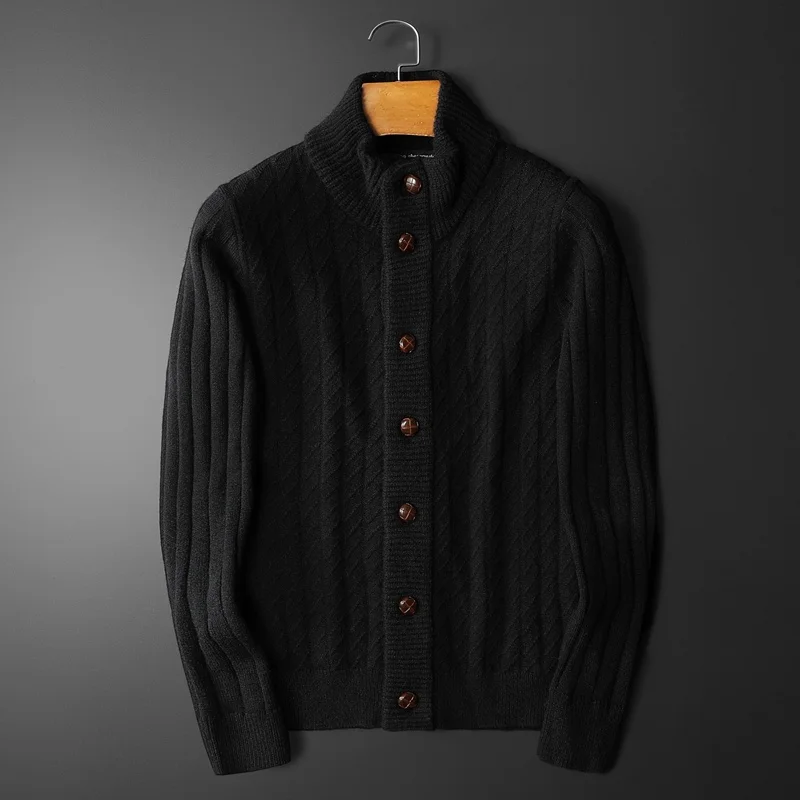 Cardigan à fleurs rugueuses pour hommes, col roulé vert maison, pull boutonné, monochromatique, pull Streetwear pour hommes, 2023