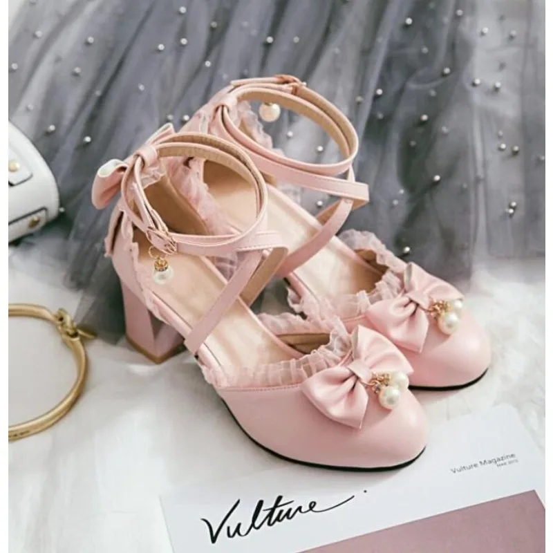 Girls High Heels 2026 Ladies Heels Sandals Sweet Bow Lace Princess Mary Jane Lolita Shoes Party High Heel Women Pumps Pink