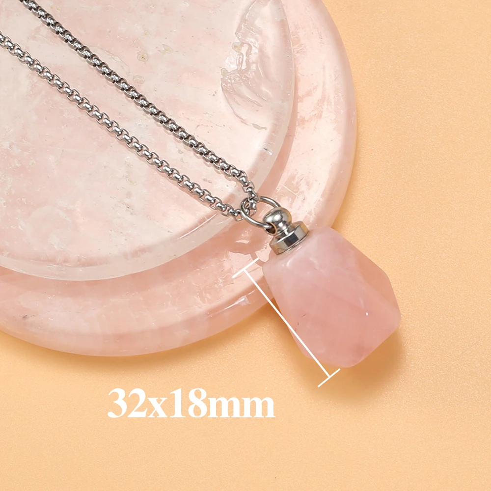 Natural Stone Perfume Bottle Pendant Necklace 18K Silver Color Chain Natural Rose Quartz Amethyst Pendant for Making DIY Jewerly