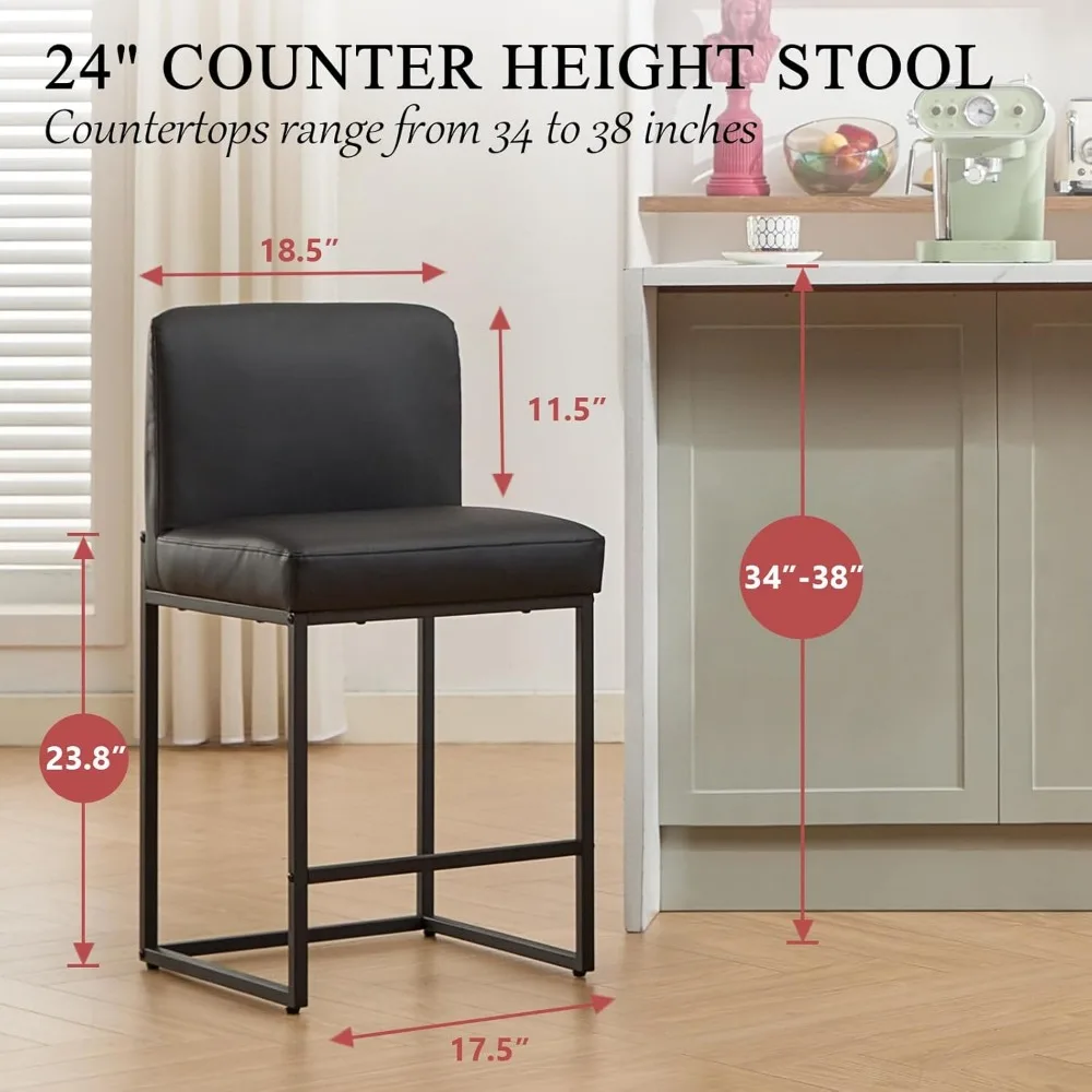 Banco de jantar decorado em couro PU com altura de bar, banco de bar e encosto de 24 polegadas