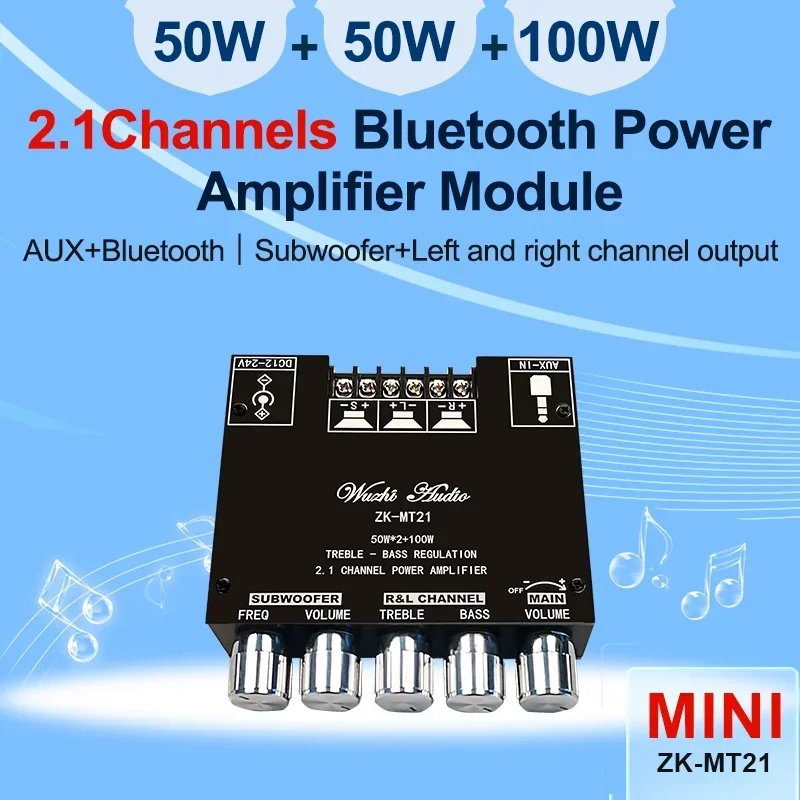 MT21 Bluetooth 5.0 Subwoofer Amplifier Board 50WX2+100W 2.1 Channel Power Audio Stereo Amplifier Tone Board Bass AMP AUX 12V 24V