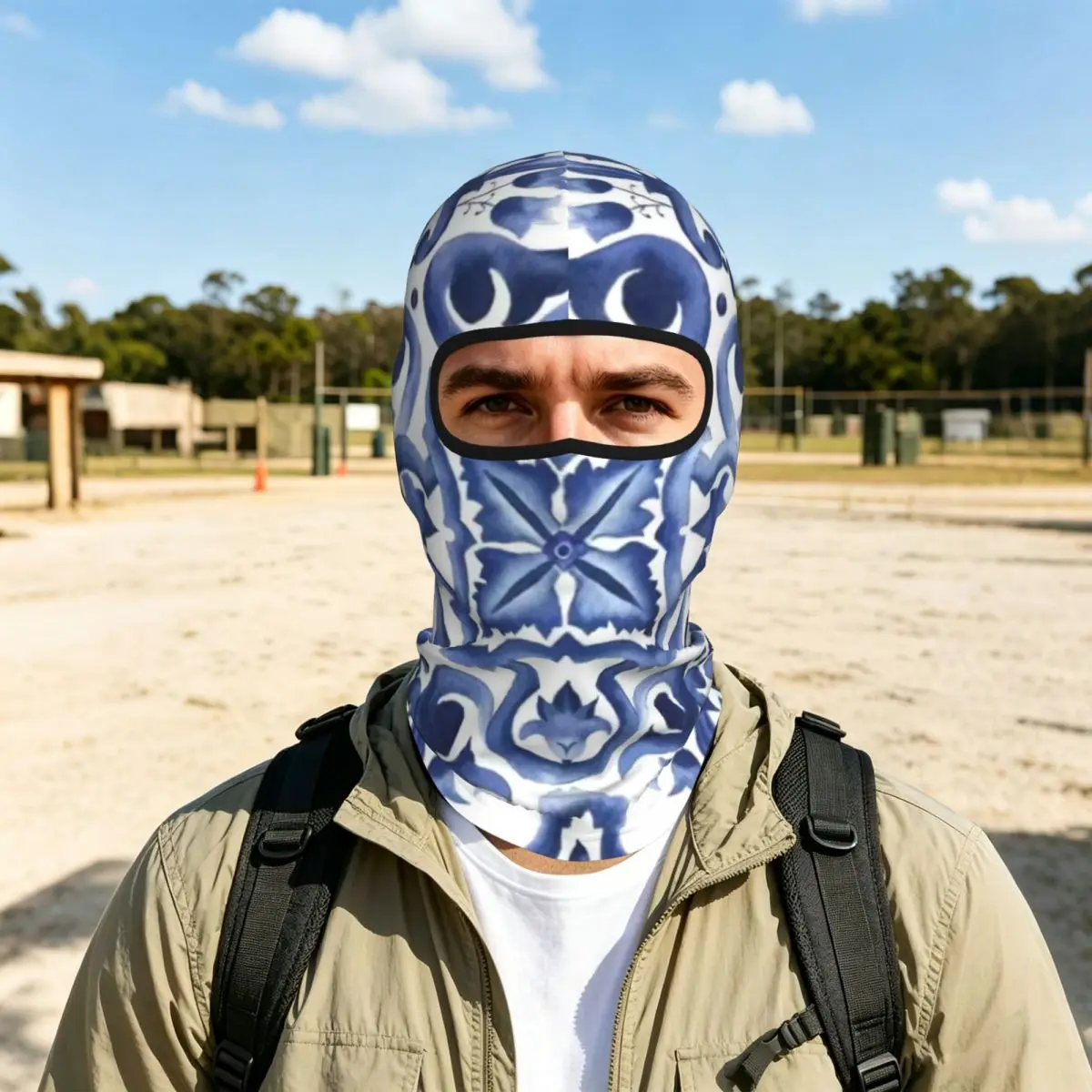 Blue Ornate Floral Mediterranean Sicilian Tile Thin Balaclava Full Face Mask Sun Protection Neck Gaiter For Motorcycle Cycling