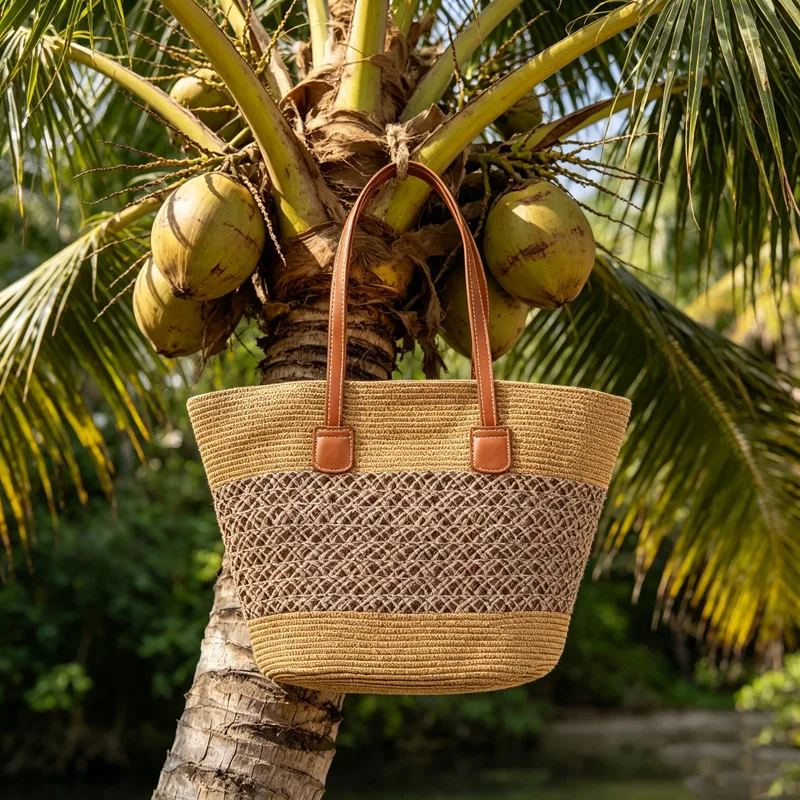 CLAREGQI  Women's Hollow Out Straw Tote Bag, Large Capacity Woven Beach Shoulder Bag with PU Leather Handles, Summer Casual Hand