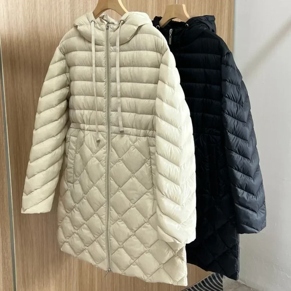 2024 Autumn Winter Slim Hooded Puffer Jacket Women Casual Solid Parka Waistband Lightweight Long White Duck Down Coat Female