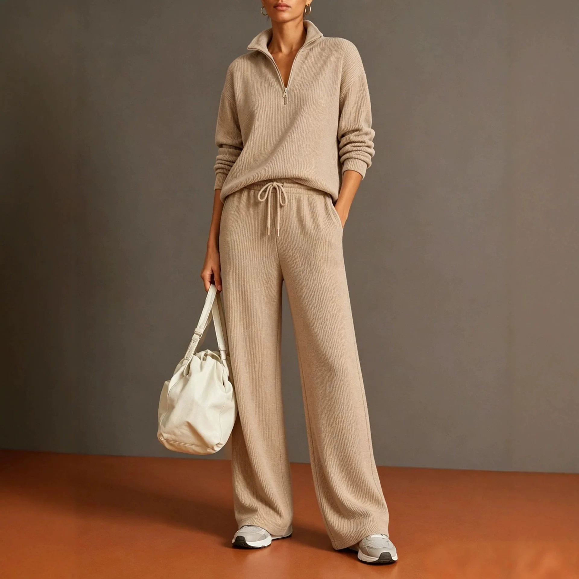 2026 Autumn Winter Ladies Sportswear Set Zipper Wide Leg Pants Halved High Collar Women's Fashion Casual Outfit Ensemble view 5