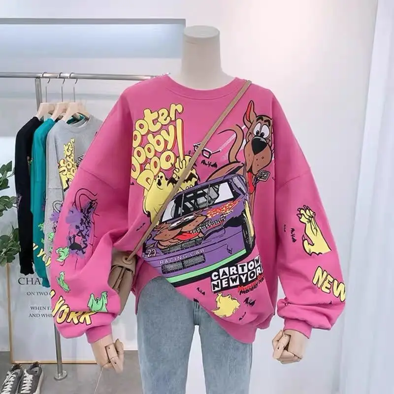 New retro street cartoon printing sweater women's spring and autumn loose round neck top thickened Korean version long sleeves