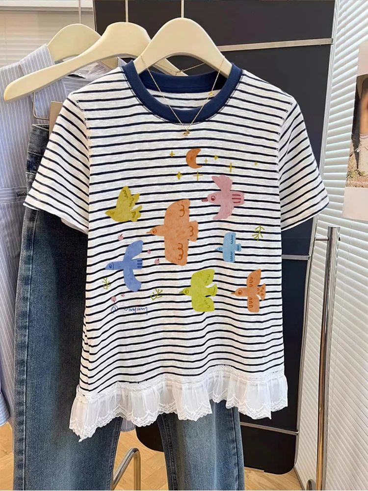 Korean Sle Casual ort Sve T-irt ex Summer Creative Stripe Print Top Moisture ng Sweat Absorbent Regular Fit