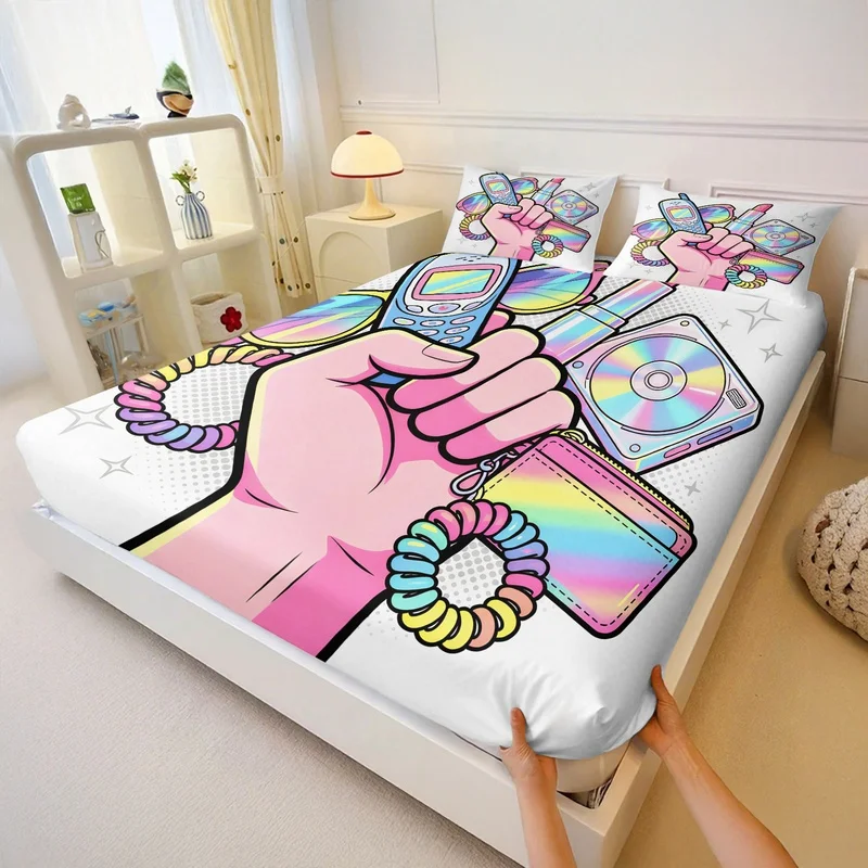 GirlGrip Print Fitted Sheet Set Cozy Hand Holding Essentials Bed Sheet Set Elastic Deep Pocket Bed Linens For Bedroom Decor Gift