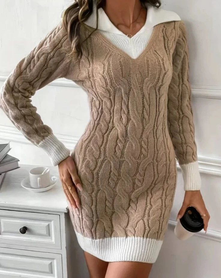 المرأة أزياء تويست اللون حجب سترة محبوك اللباس الخريف الشتاء ضئيلة الخامس الرقبة الورك