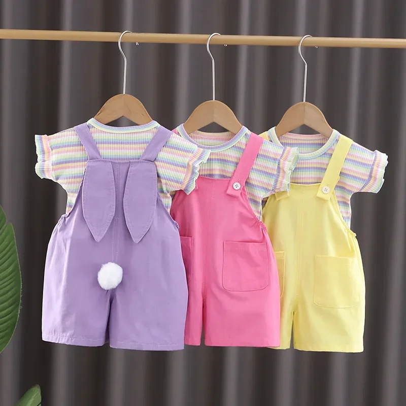 1 2 3 4 5 Years Summer Girls Clothing Sets Striped Top + Overalls 2Pcs Little Princess Suits Birthday Gift Children's Clothing