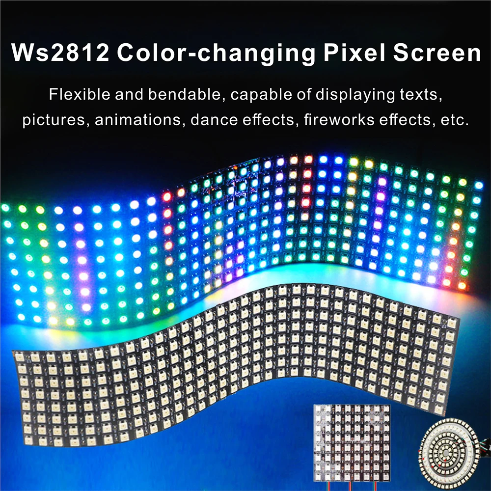 Pantalla de visualización de píxeles WS2812B RGB 4x12, 8x8, 16x16, 8x32 .5V WS2812B, direccionable individualmente, digital, flexible y programable