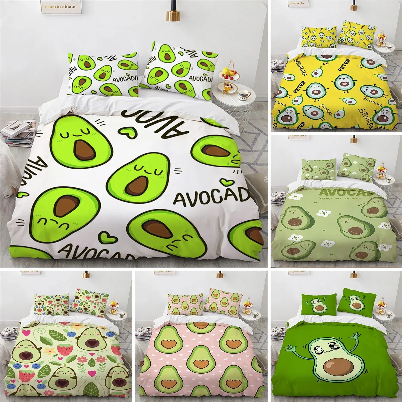 

3D Avocado Duvet Cover Microfiber Cute Fruit Comforter Cover Cartoon Avocado Faces Bedding Set Full For Kids Boys Girls Adults