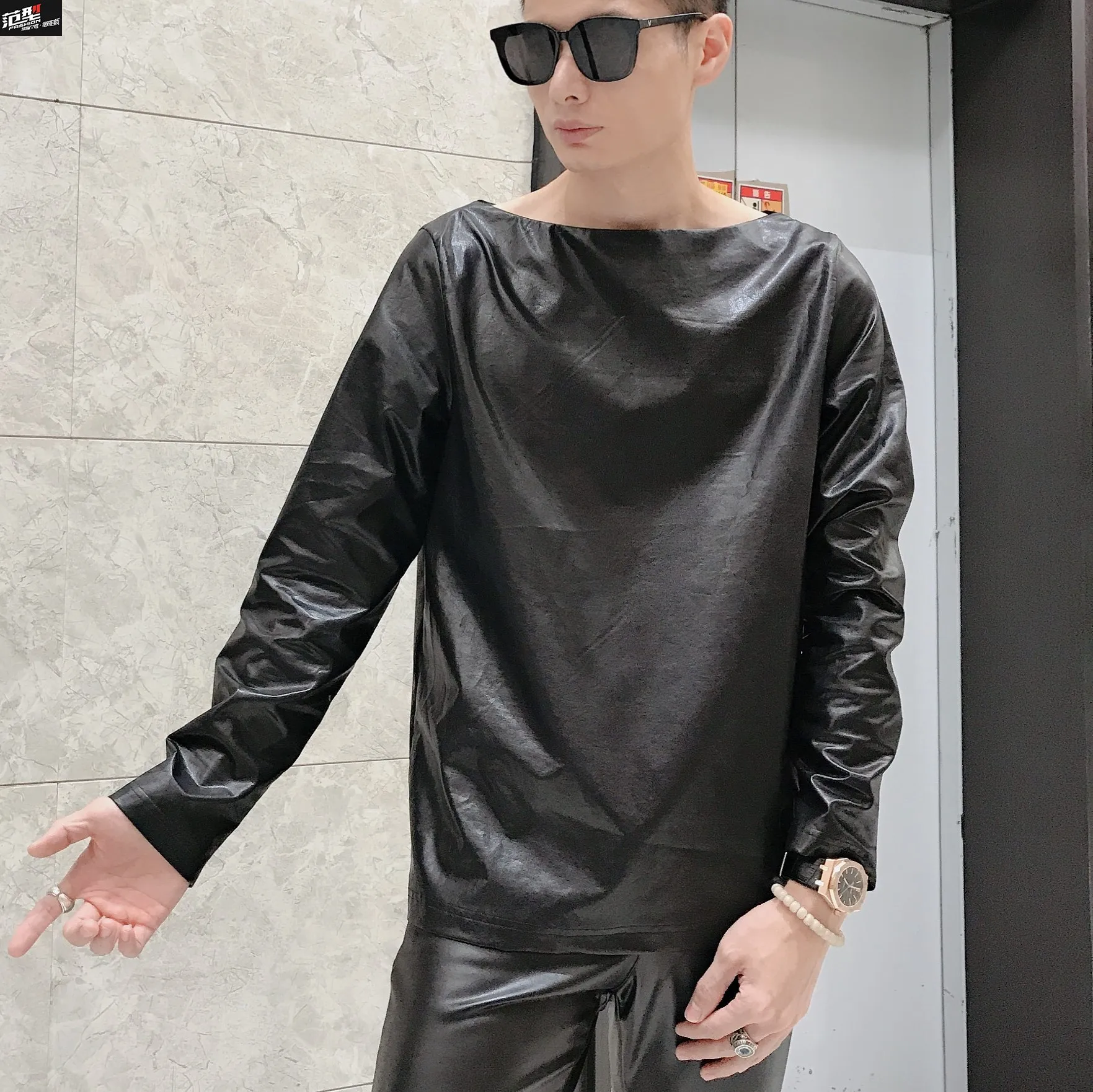 Spring New Summer One-word Collar T Shirt Men Fashion Long-sleeved PU Leather Tops Male Loose Casual Dance Personality Clothing