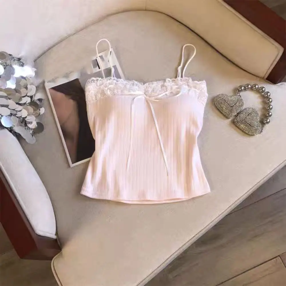 Modisches Schleifen-Slim-Spitzen-Crop-Top Süßes Unterhemd Mädchen-Weste Sommer-Camisole im Spice-Girls-Stil mit Polstern für Damen – Detail 4