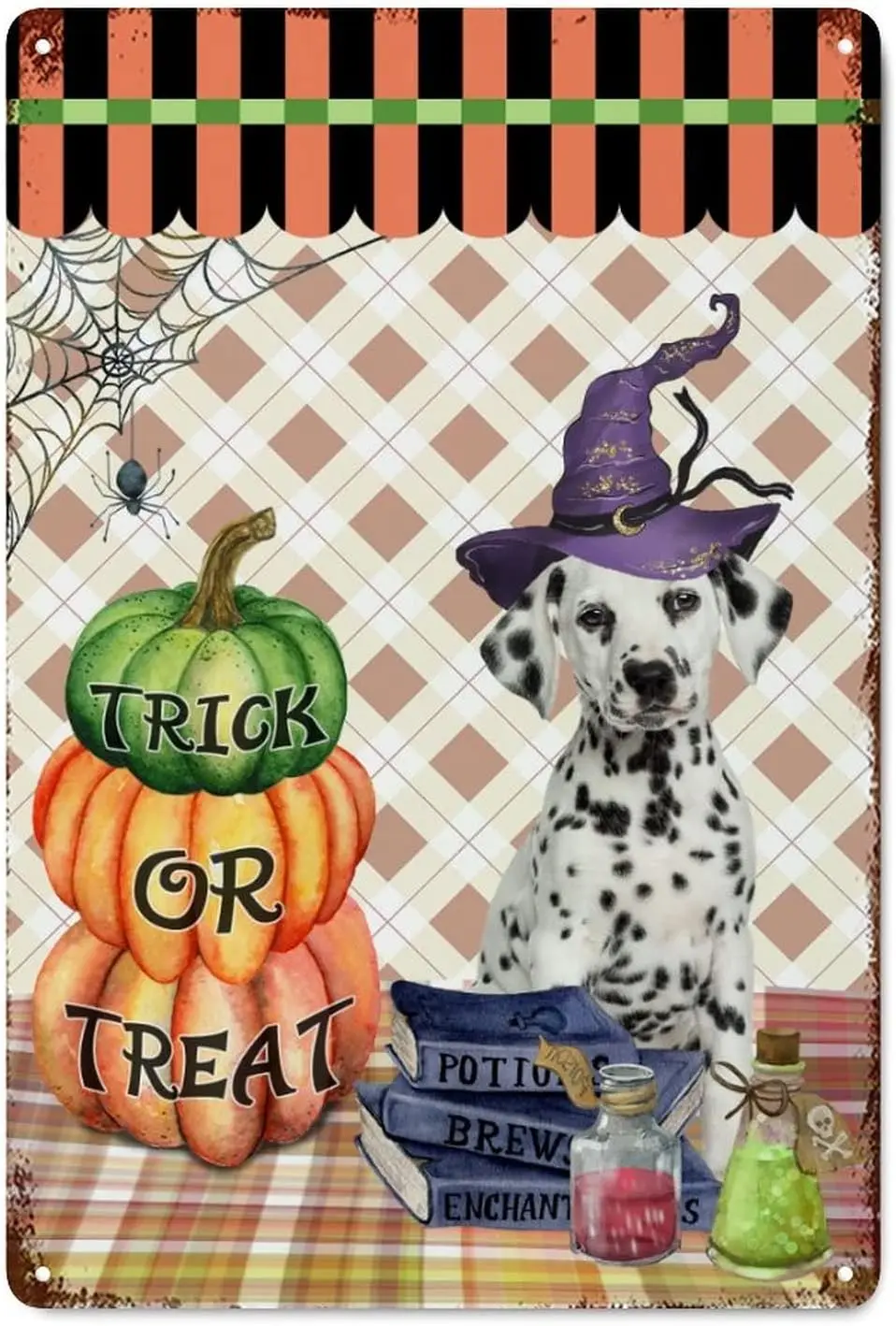 Funny Halloween Dog Witch Hat Pumpkin Plaid Shabby Chic Metal Signs Vintage Indoor Outdoor Trick Or Treat Horror Pumpkin Metal P