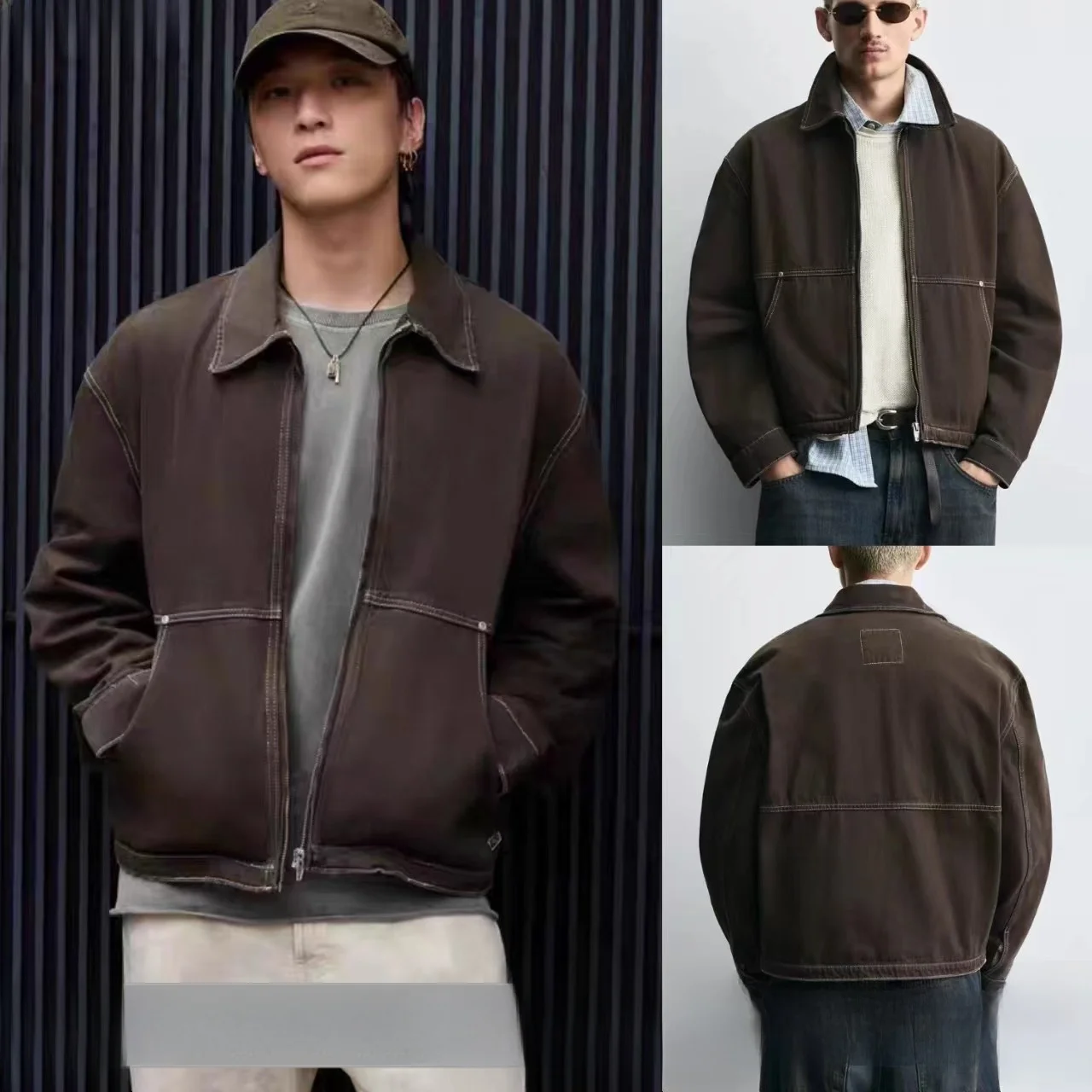 

Мужская повседневная куртка свободного кроя с цветными вставками, коричневая, с длинными рукавами, на молнии, без капюшона, осенняя новинка