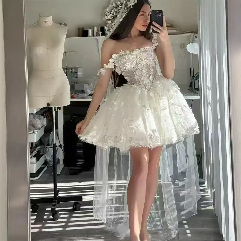 

White Mini Wedding Dresses Spaghetti Strap فساتين السهرة Customized Sleeveless Princess Flowers Vestidos De Noche 20
