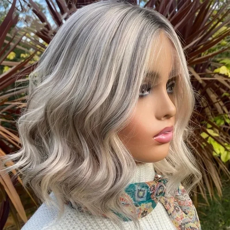 

Middle Part Hairline Short Wave Bob Preplucked Hairline Highlight Ombre Ash Grey Blonde Lace Front Wig Synthetic Baby Hair Wig