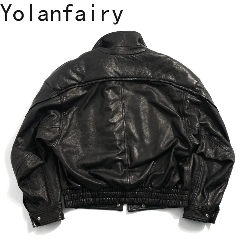 YOLANFAIRY 100% Genuine Leather Jacket Men Soft Oversized Top Layer Sheepskin Real Leather Coat Retro Loose Coats Bat Sleeve