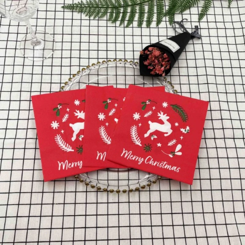 20 قطعة 33 سنتيمتر 2-Layer حفلة عيد الميلاد الأحمر الأزهار طباعة المناديل ، الأيائل تحت عنوان مفارش المائدة ، DIY Decoupage ورقة