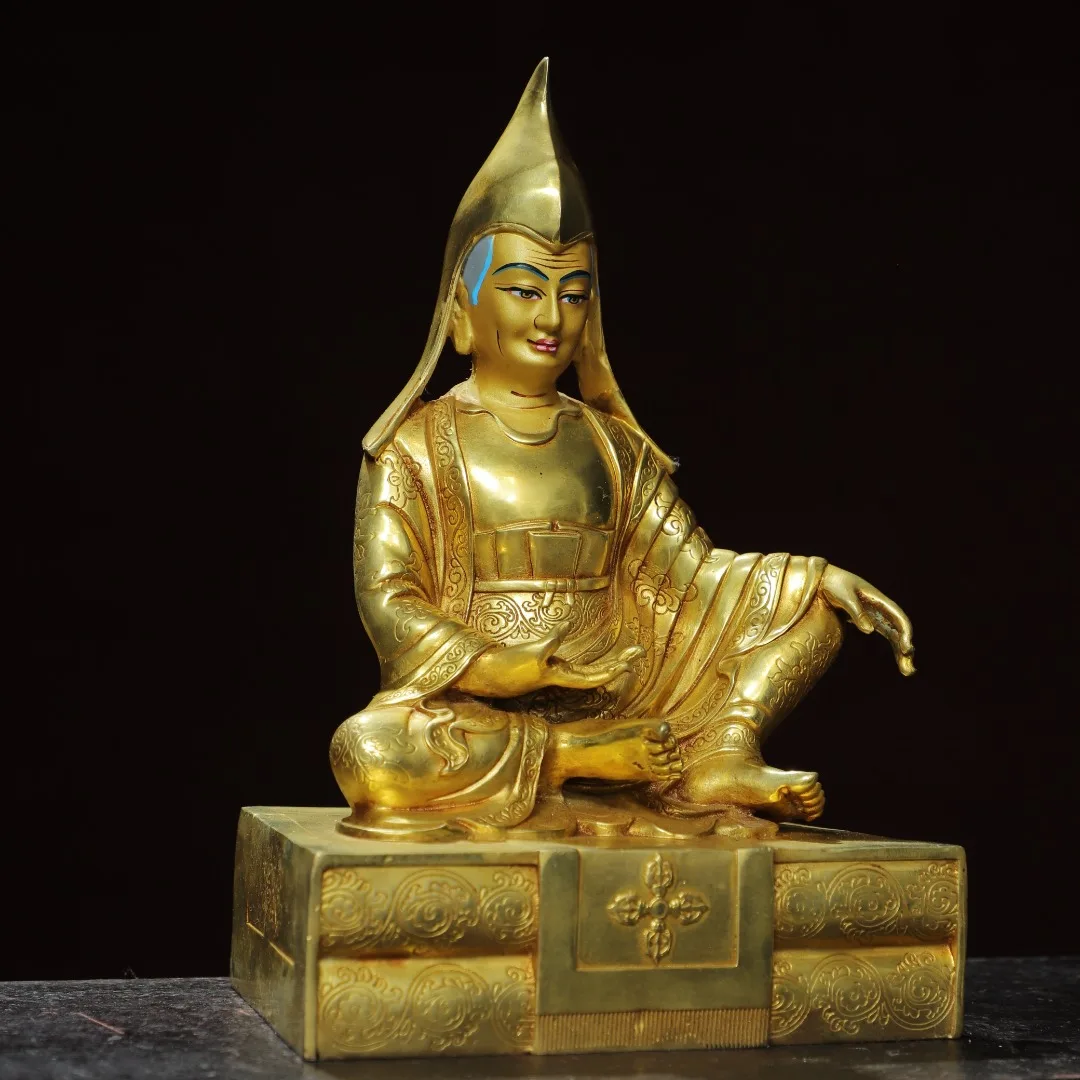 Home worship of religious bronze gilded painted Buddha statue Tsongkhapa Height 33cm, width 15cm, thickness 11cm, weight 1.7kg